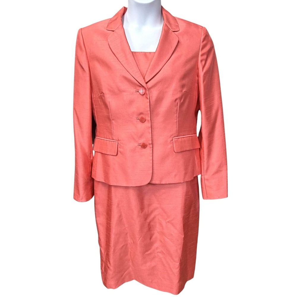 John Meyer Dress Jacket Set Womens 14 Salmon Sheath Square Neck Midi Church